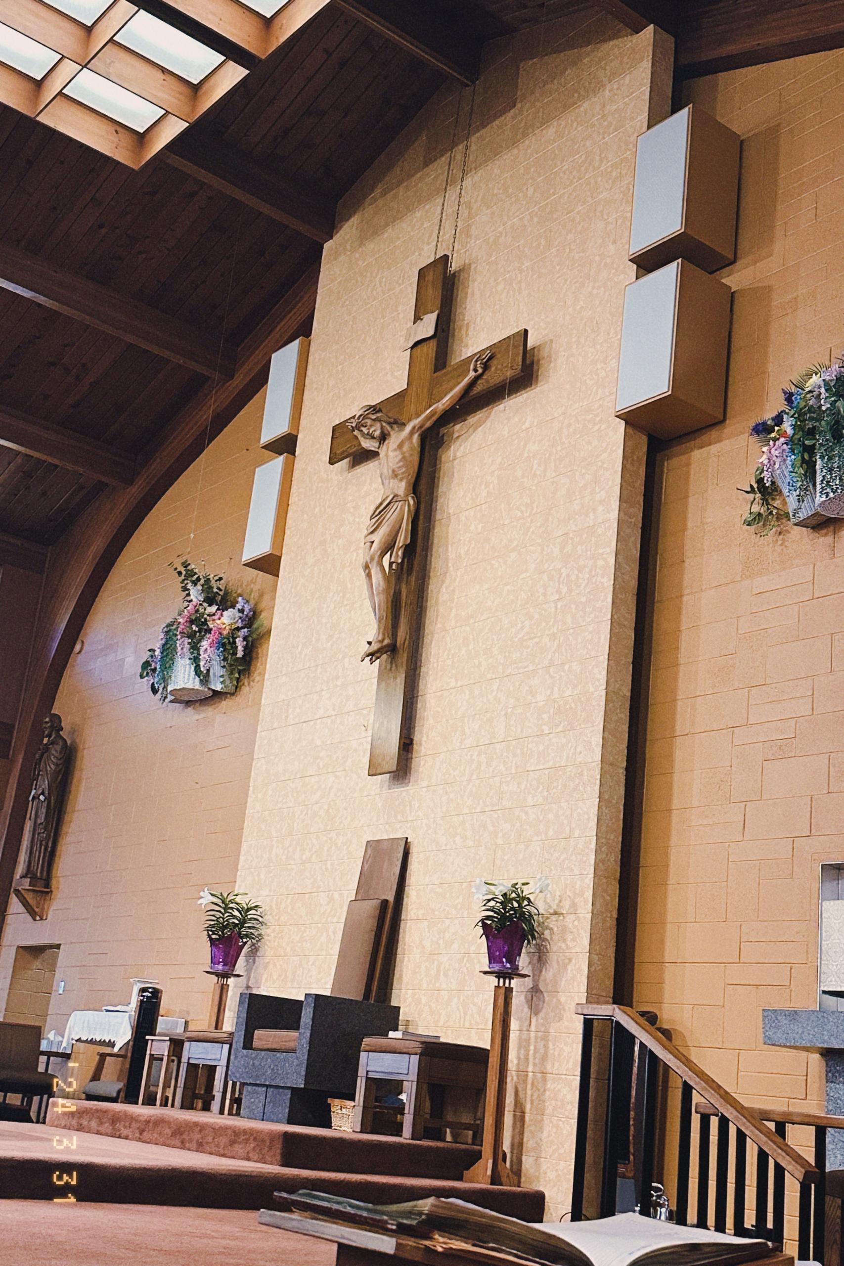 inside a church with cross in middle